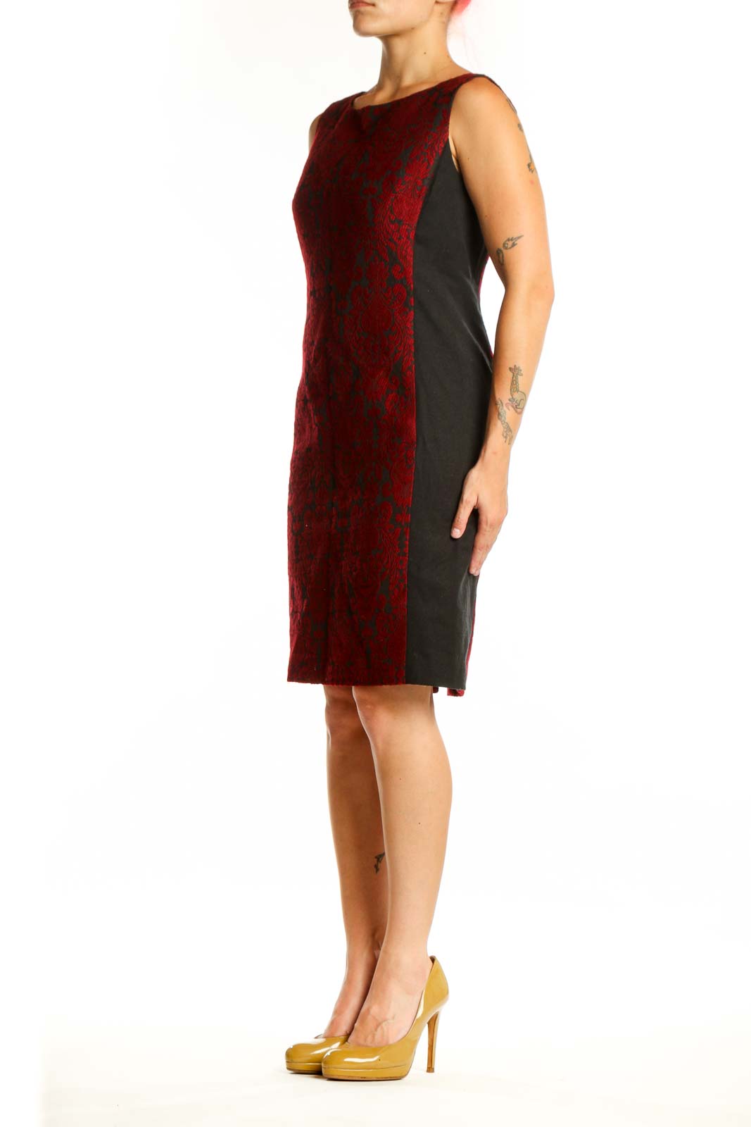 Red damask sleeveless shift dress by Talbots, front view showing intricate damask pattern and crew neckline