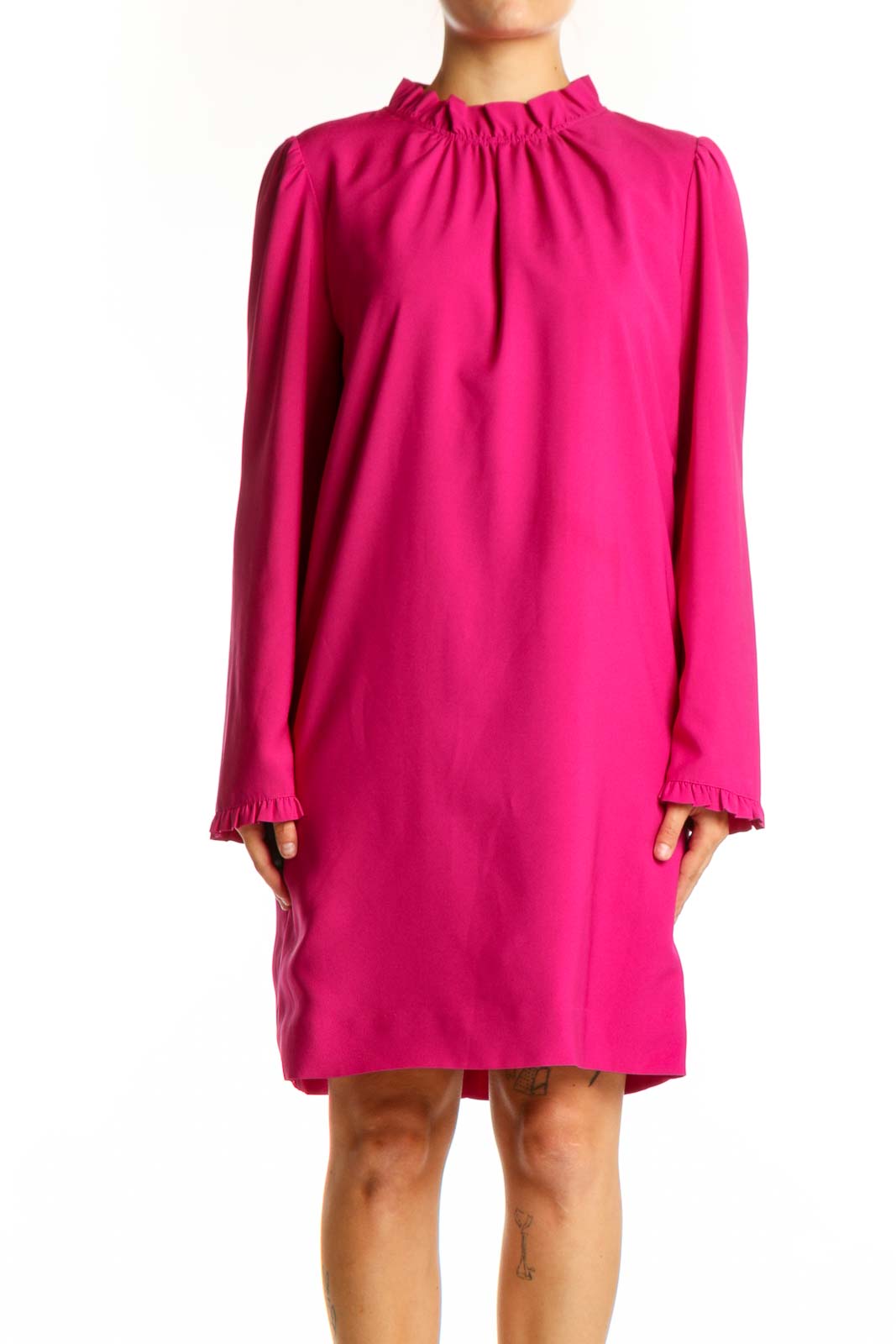 Front view of pink ruffle neckline long sleeve dress by J.Crew, size M