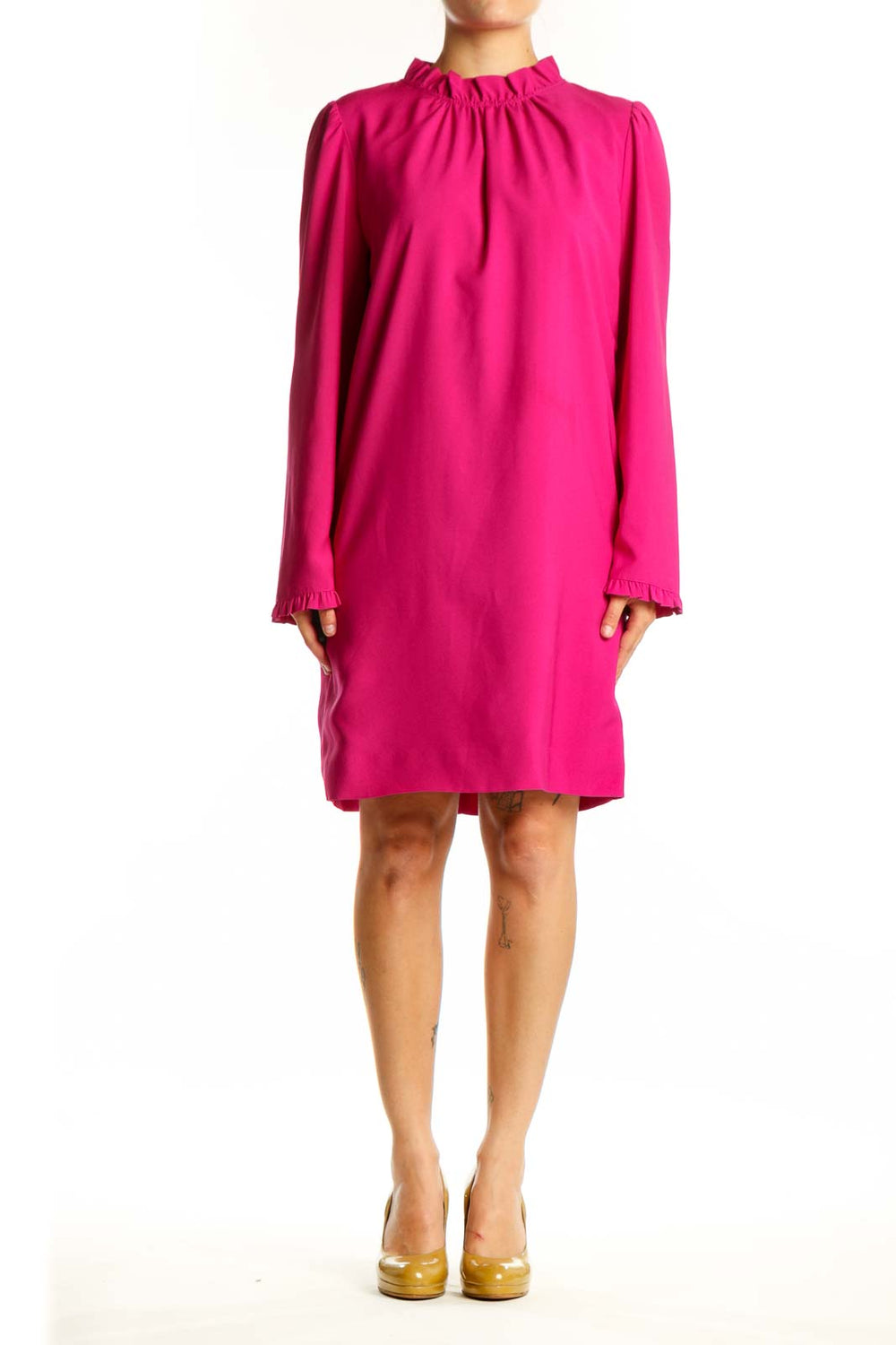 Front view of pink ruffle neckline long sleeve dress by J.Crew, size M