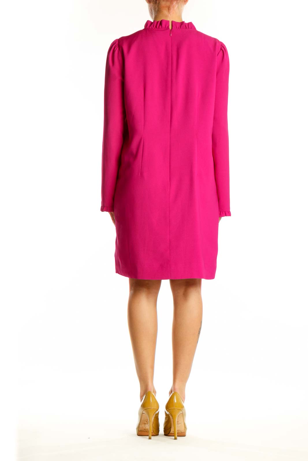 Back view of pink ruffle neckline long sleeve dress by J.Crew, size M