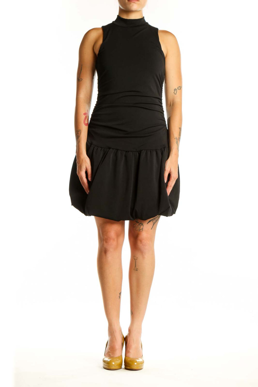 Black ruched bubble hem dress with mock turtleneck and sleeveless design, front view