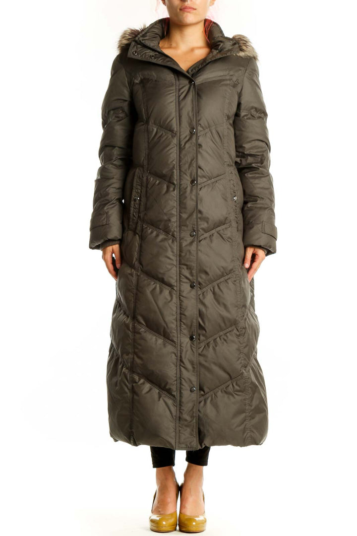 Olive down puffer coat with faux fur-trimmed hood, front view, full-length maxi style by London Fog