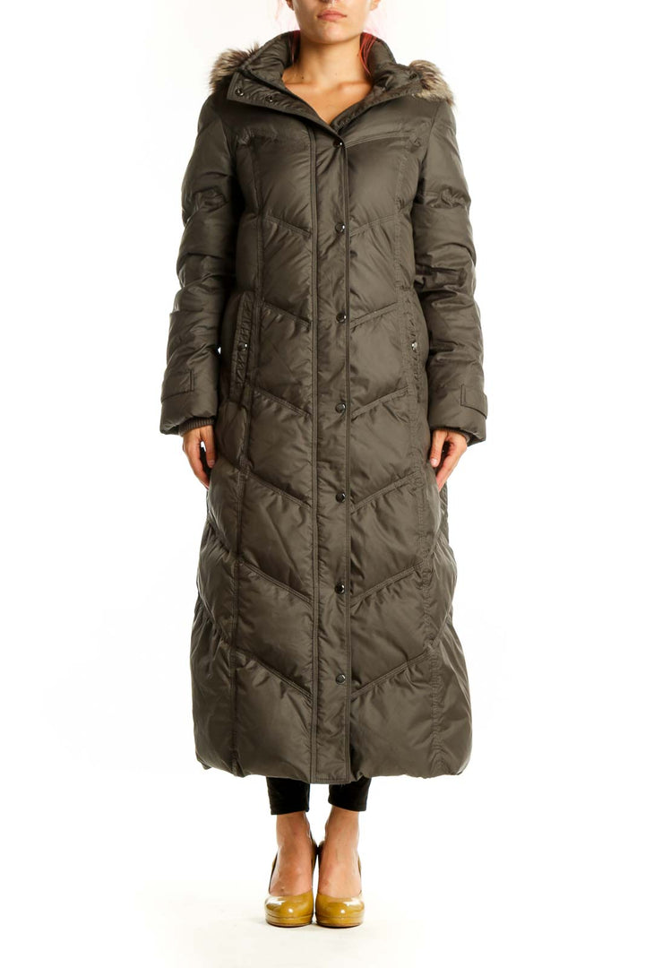 Olive down puffer coat with faux fur-trimmed hood, front view, full-length maxi style by London Fog