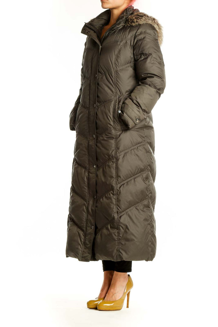 Olive down puffer coat with faux fur-trimmed hood, front view, full-length maxi style by London Fog