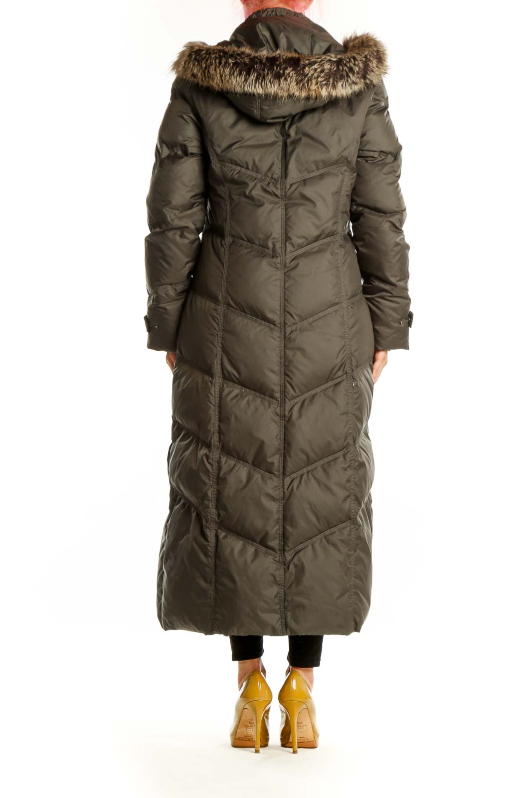 Olive down puffer coat with faux fur-trimmed hood, back view, quilted design by London Fog