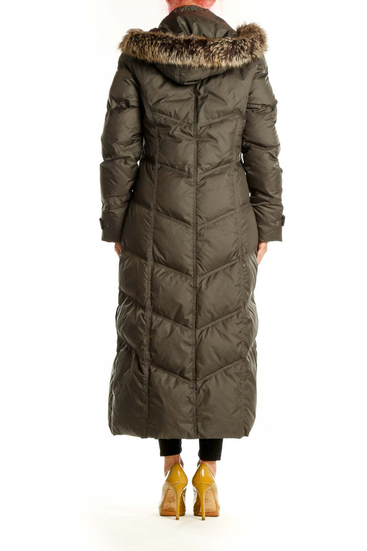 Olive down puffer coat with faux fur-trimmed hood, back view, quilted design by London Fog