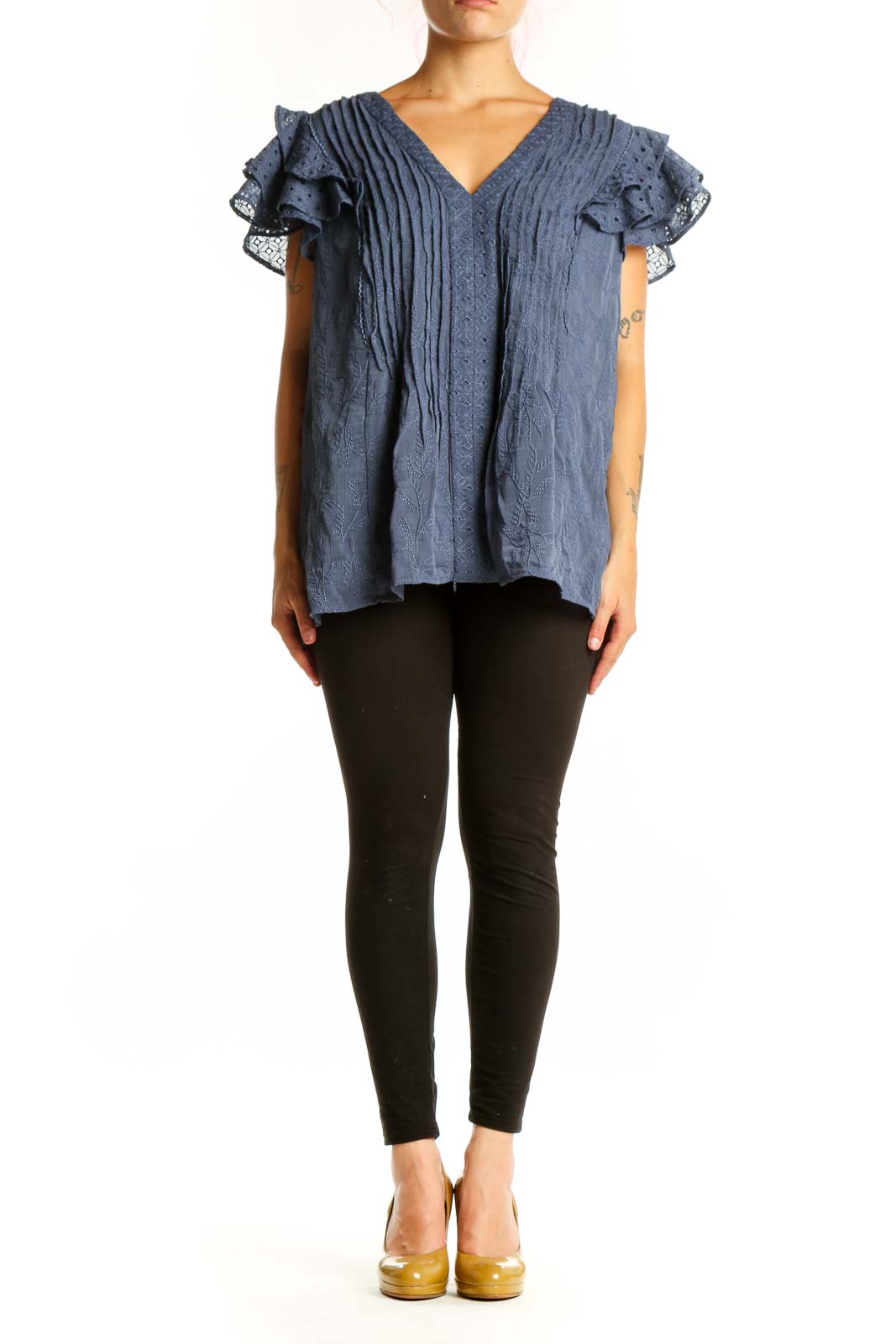 Blue pleated top with ruffled lace short sleeves and V-neckline, front view