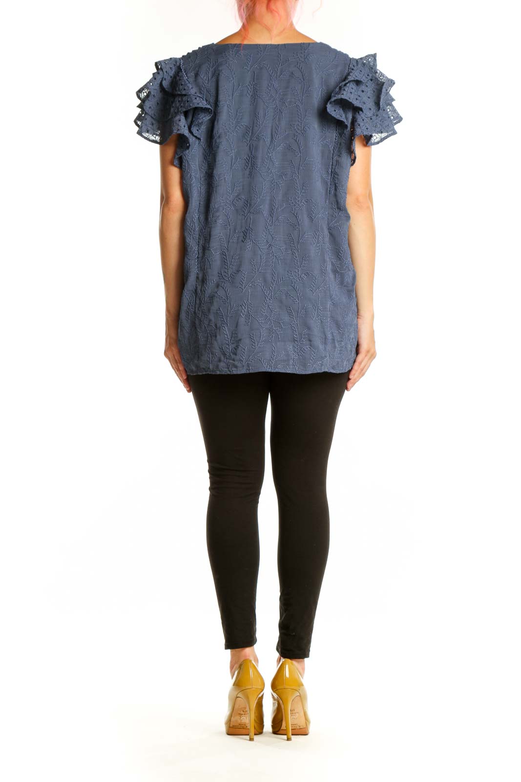 Blue pleated top with ruffled lace short sleeves, back view