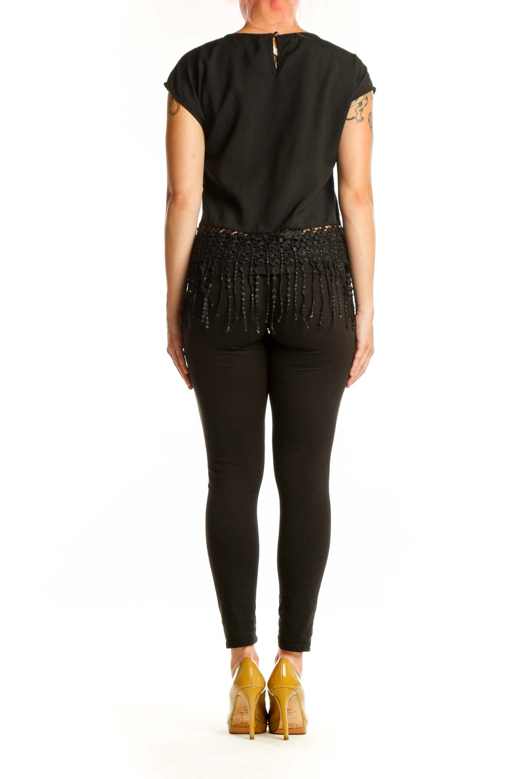 Black beaded fringe crop top back view displaying cascading beaded fringe trim
