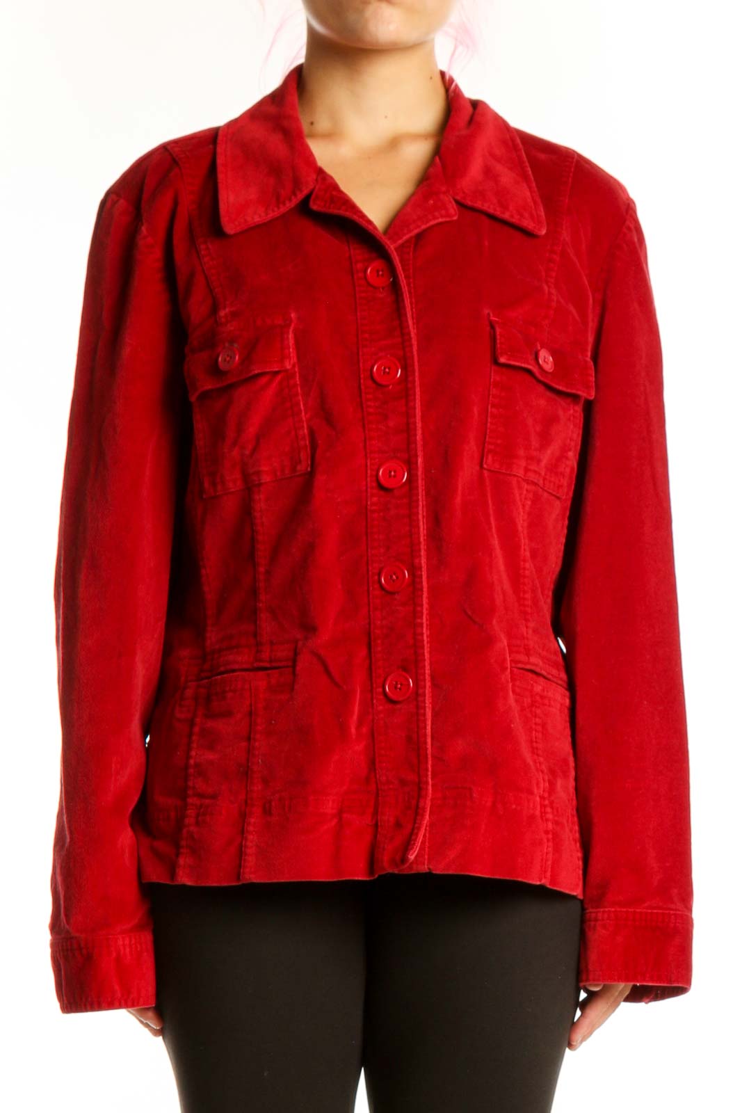 Red cotton velvet button-up jacket with chest pockets and collared neckline, front view