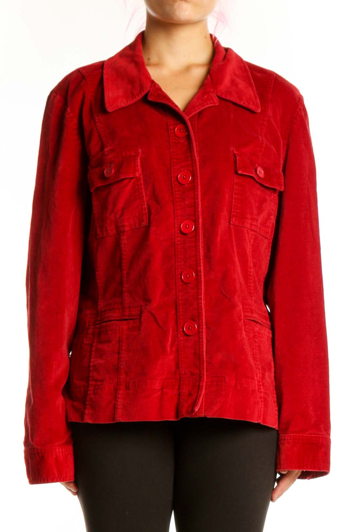 Red cotton velvet button-up jacket with chest pockets and collared neckline, front view