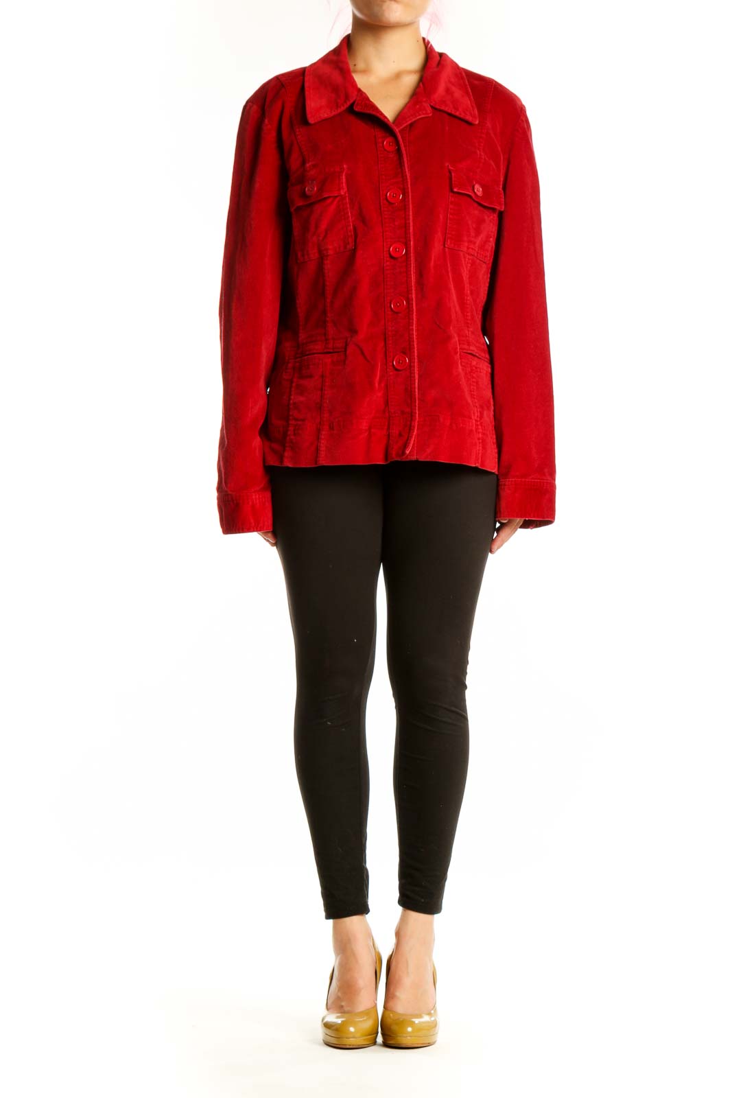 Red cotton velvet button-up jacket with chest pockets and collared neckline, front view