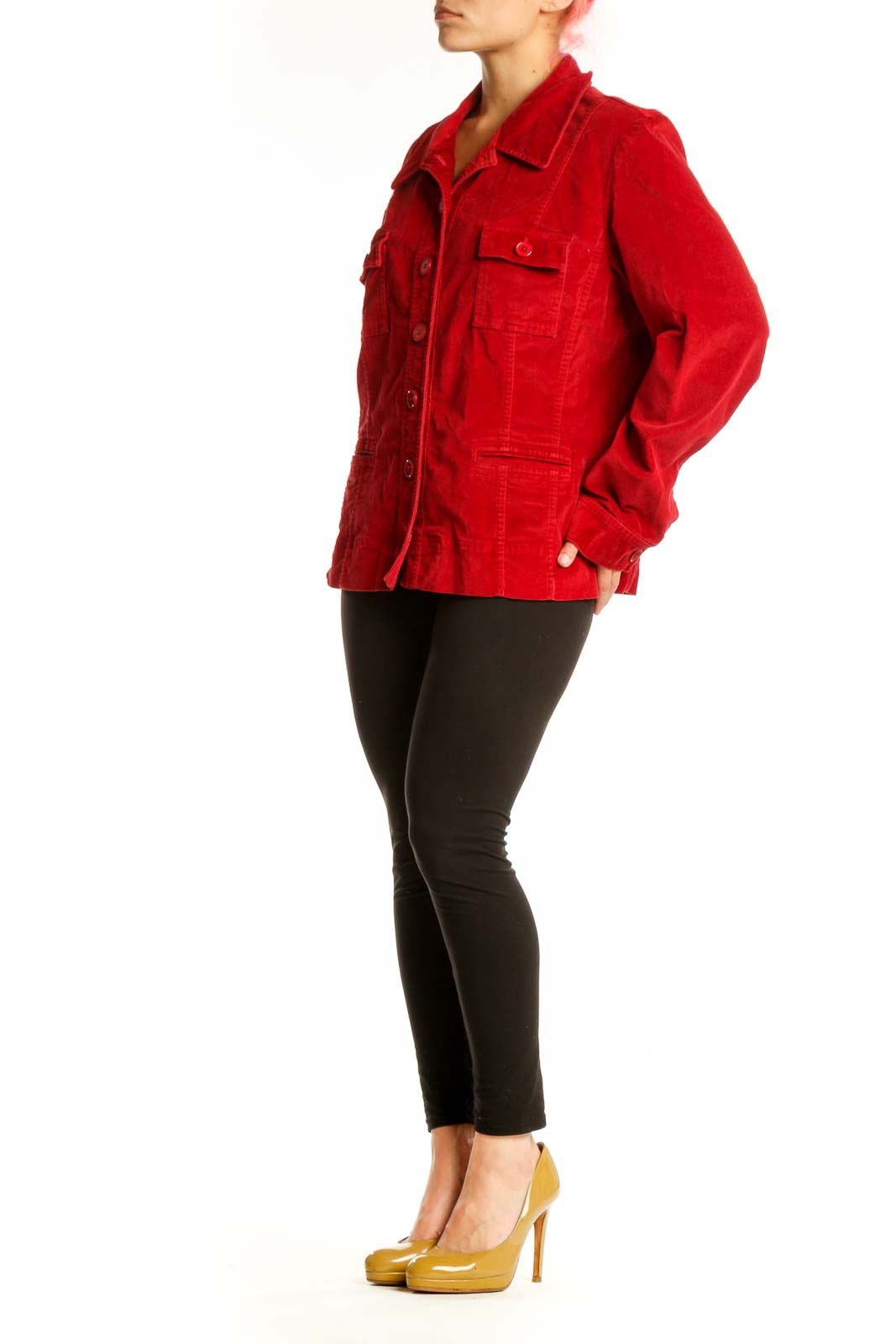 Red cotton velvet button-up jacket with chest pockets and collared neckline, front view