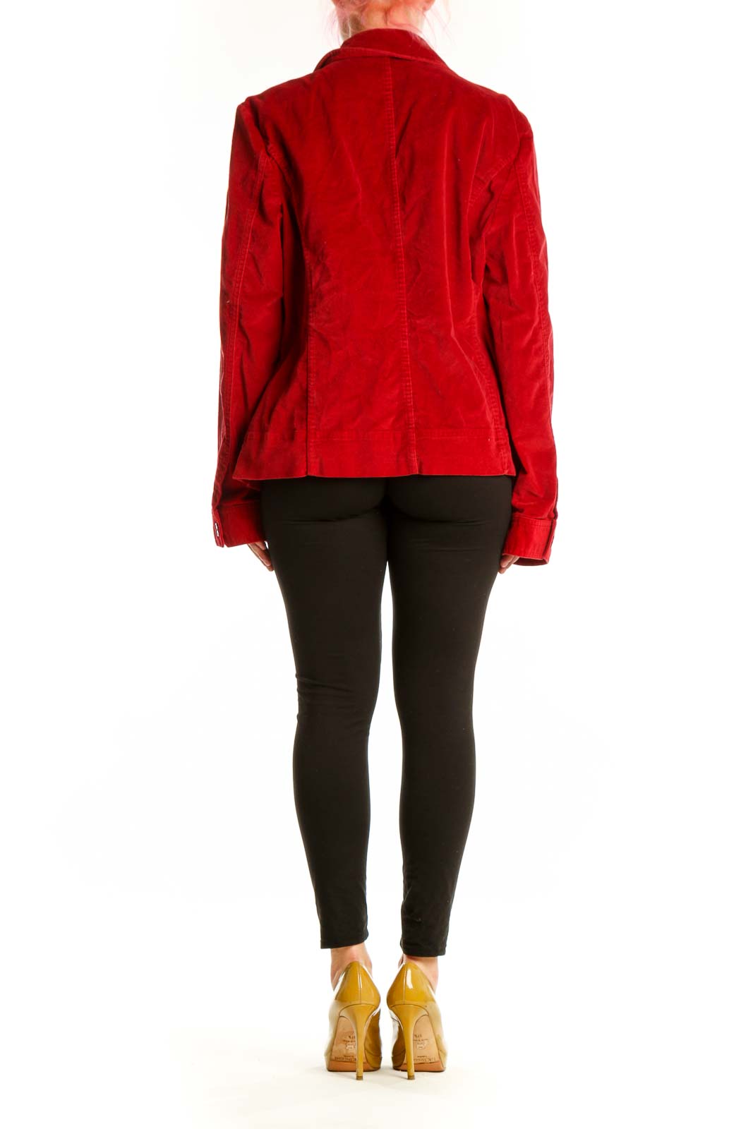 Red cotton velvet button-up jacket with long sleeves and structured silhouette, back view