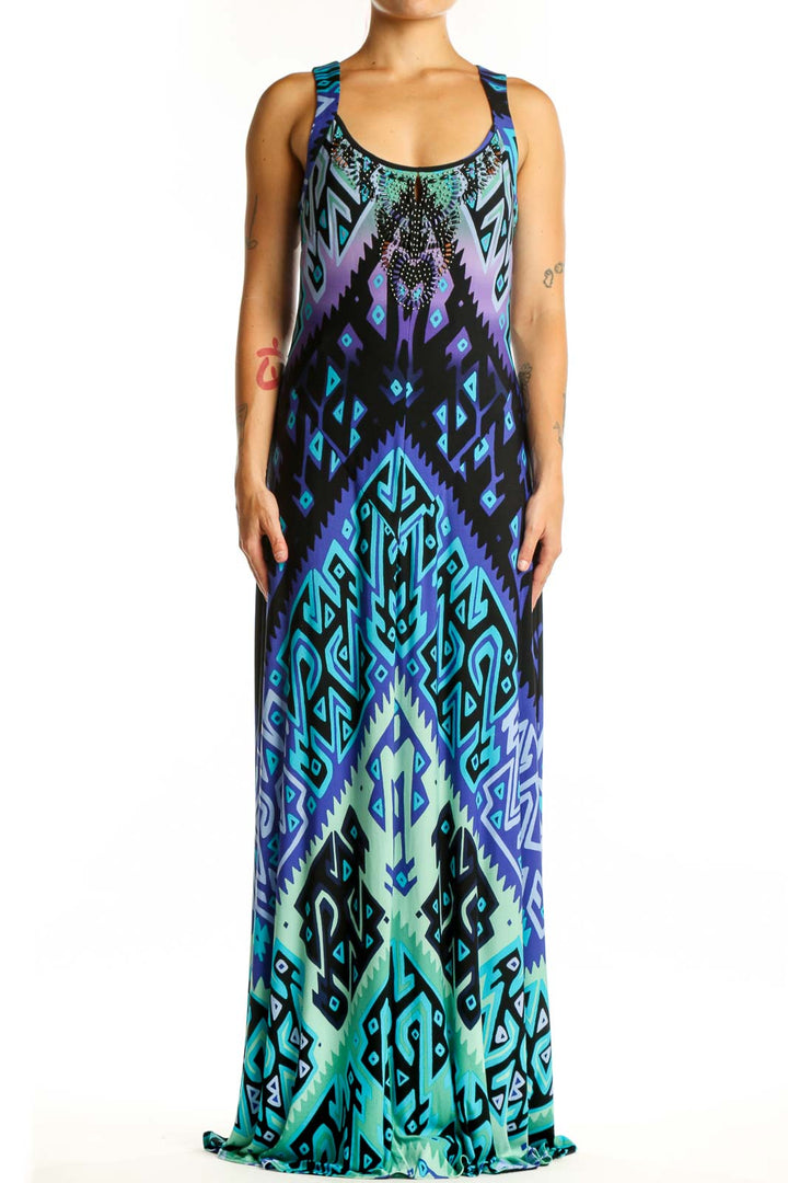 Front view of blue geometric maxi tank dress with vibrant purple and cyan symmetrical print by Donna Morgan