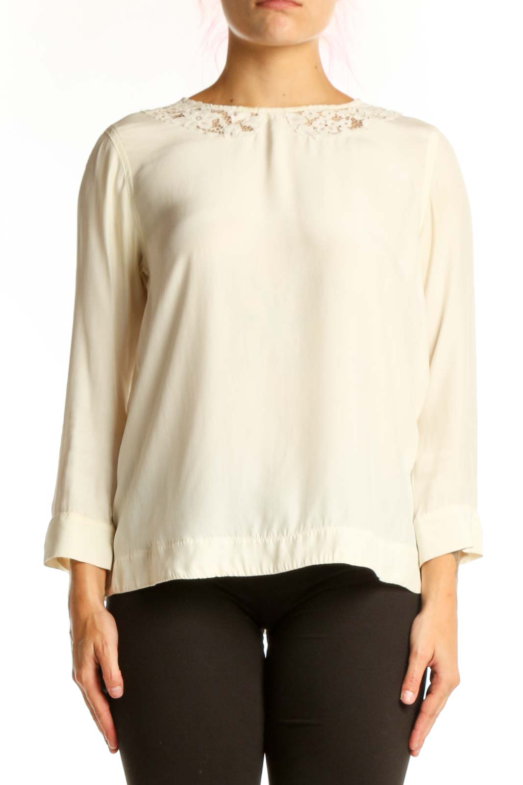 Cream Sandro blouse with lace shoulder trim and three-quarter sleeves, front view