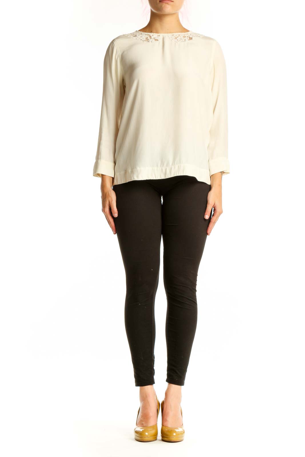 Cream Sandro blouse with lace shoulder trim and three-quarter sleeves, front view