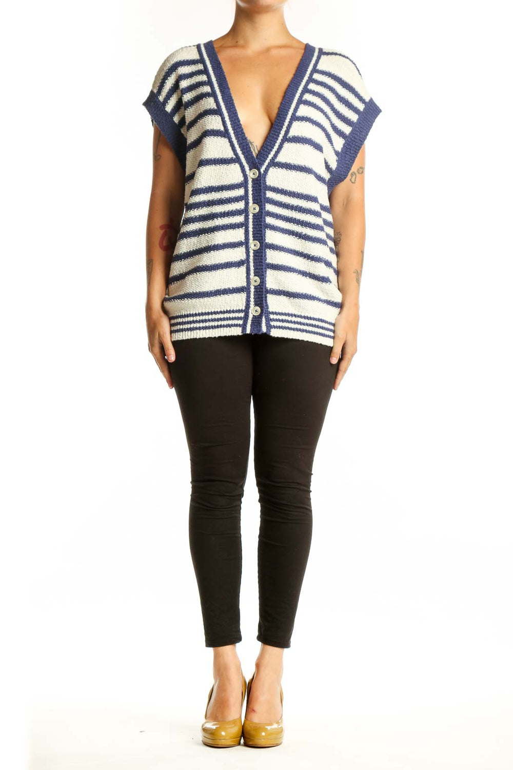 Navy and cream striped Maeve cardigan vest with button-front closure and V-neckline, worn with black pants