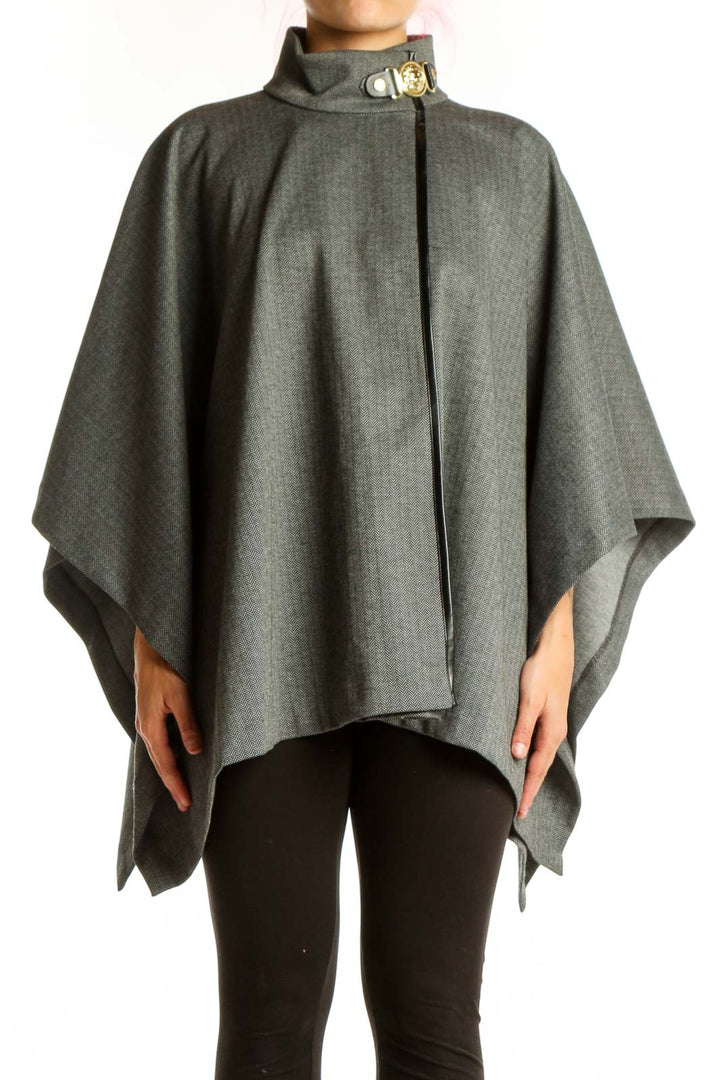 Front view of gray wool blend cape jacket with high buckle collar detail and draped silhouette