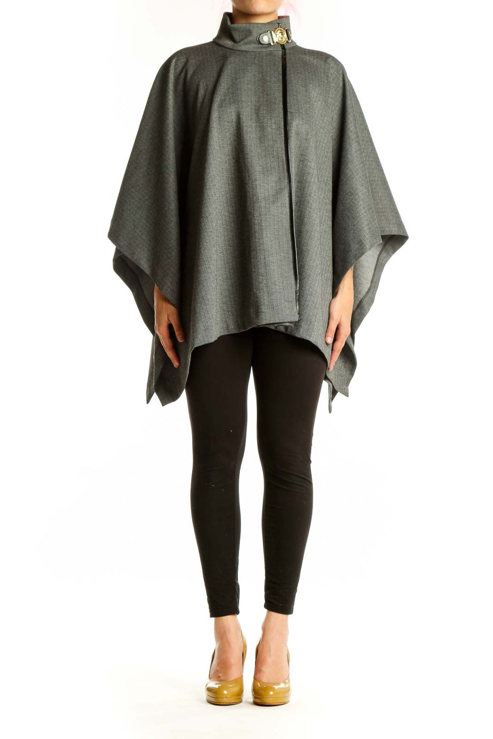 Front view of gray wool blend cape jacket with high buckle collar detail and draped silhouette