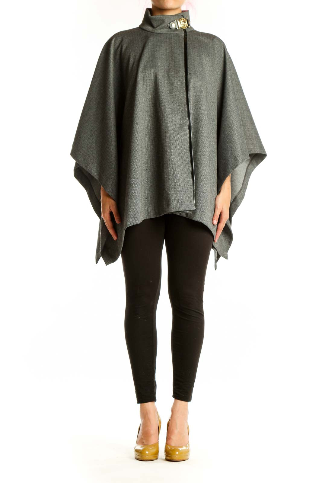Front view of gray wool blend cape jacket with high buckle collar detail and draped silhouette