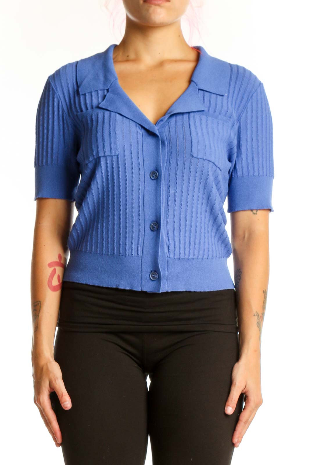 Blue ribbed knit button-up cardigan with notch collar and short sleeves, front view