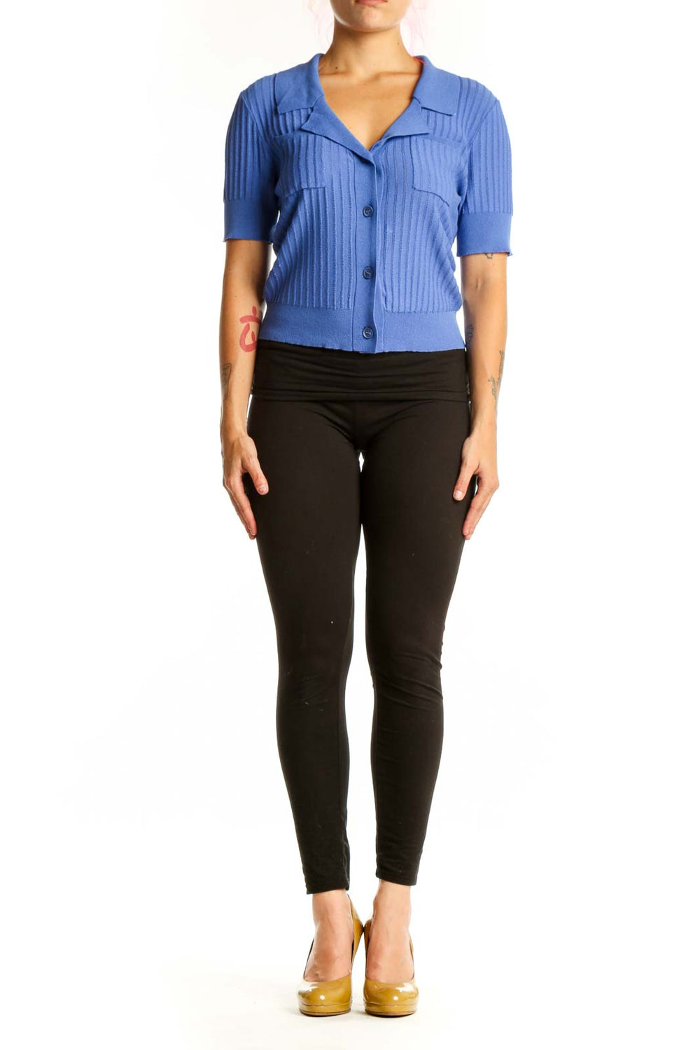 Blue ribbed knit button-up cardigan with notch collar and short sleeves, front view