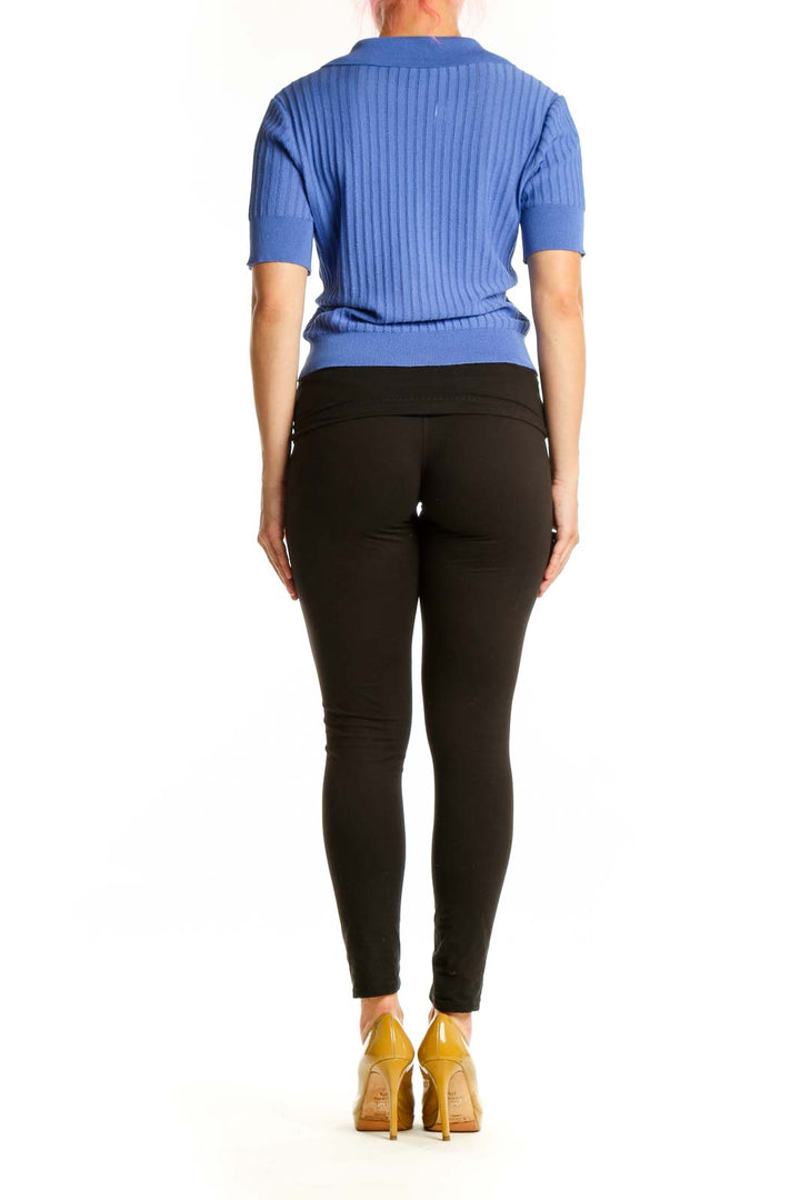 Blue ribbed knit button-up cardigan with notch collar and short sleeves, back view
