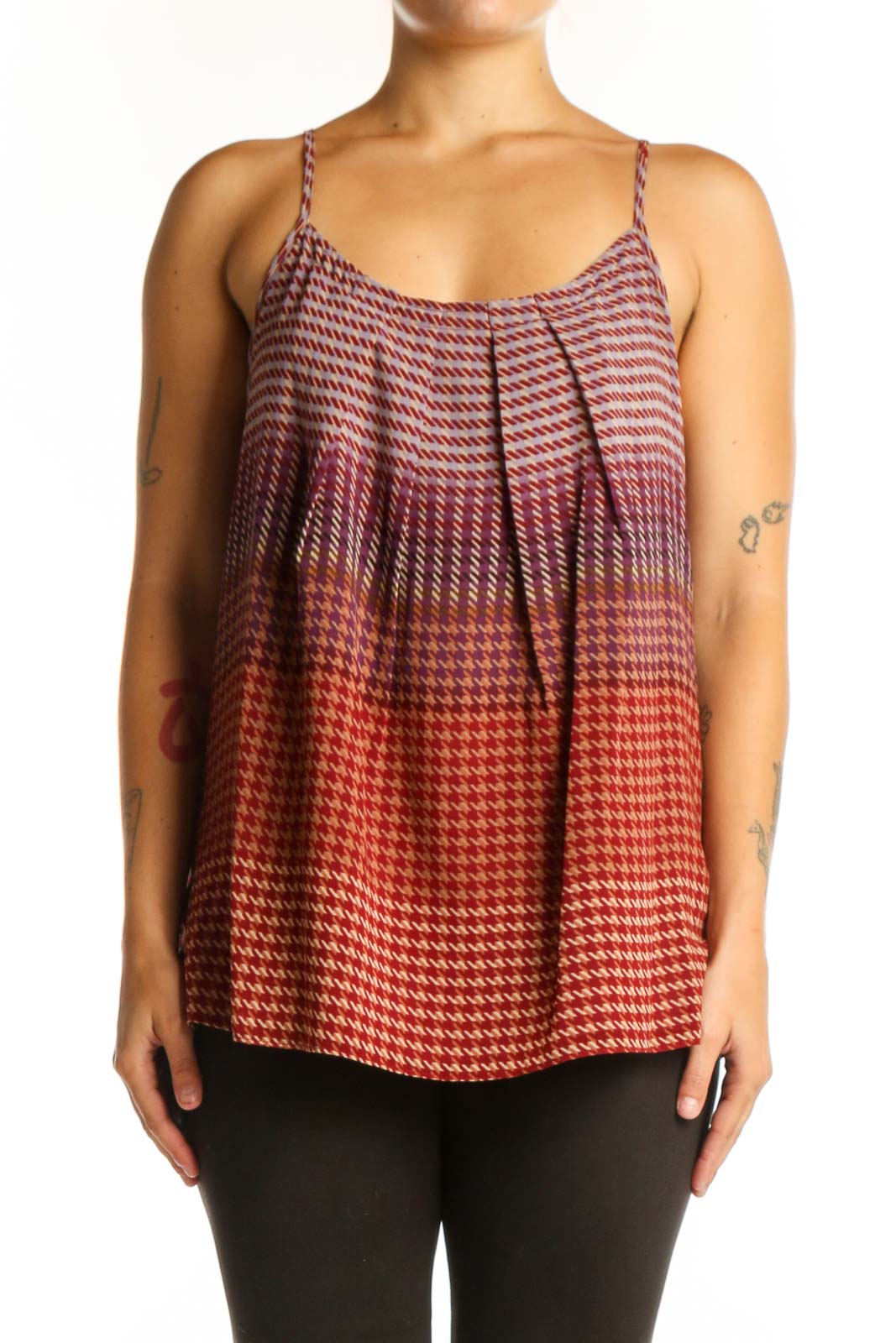 Red and burgundy houndstooth pleated cami tank top with adjustable straps, front view
