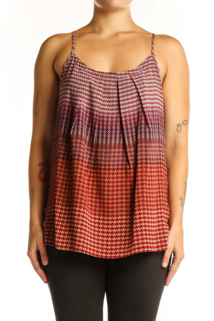 Red and burgundy houndstooth pleated cami tank top with adjustable straps, front view