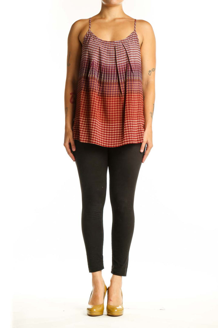 Red and burgundy houndstooth pleated cami tank top with adjustable straps, front view