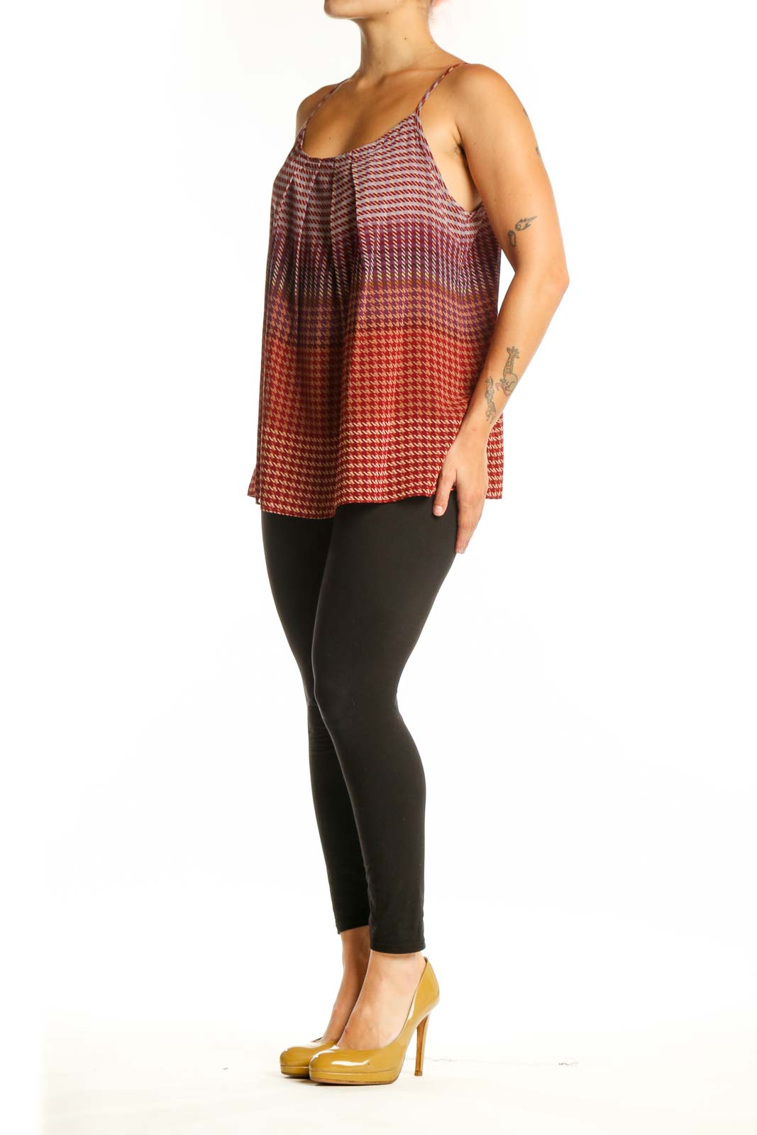Red and burgundy houndstooth pleated cami tank top with adjustable straps, front view