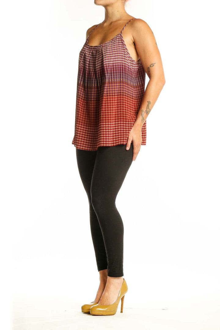 Red and burgundy houndstooth pleated cami tank top with adjustable straps, front view