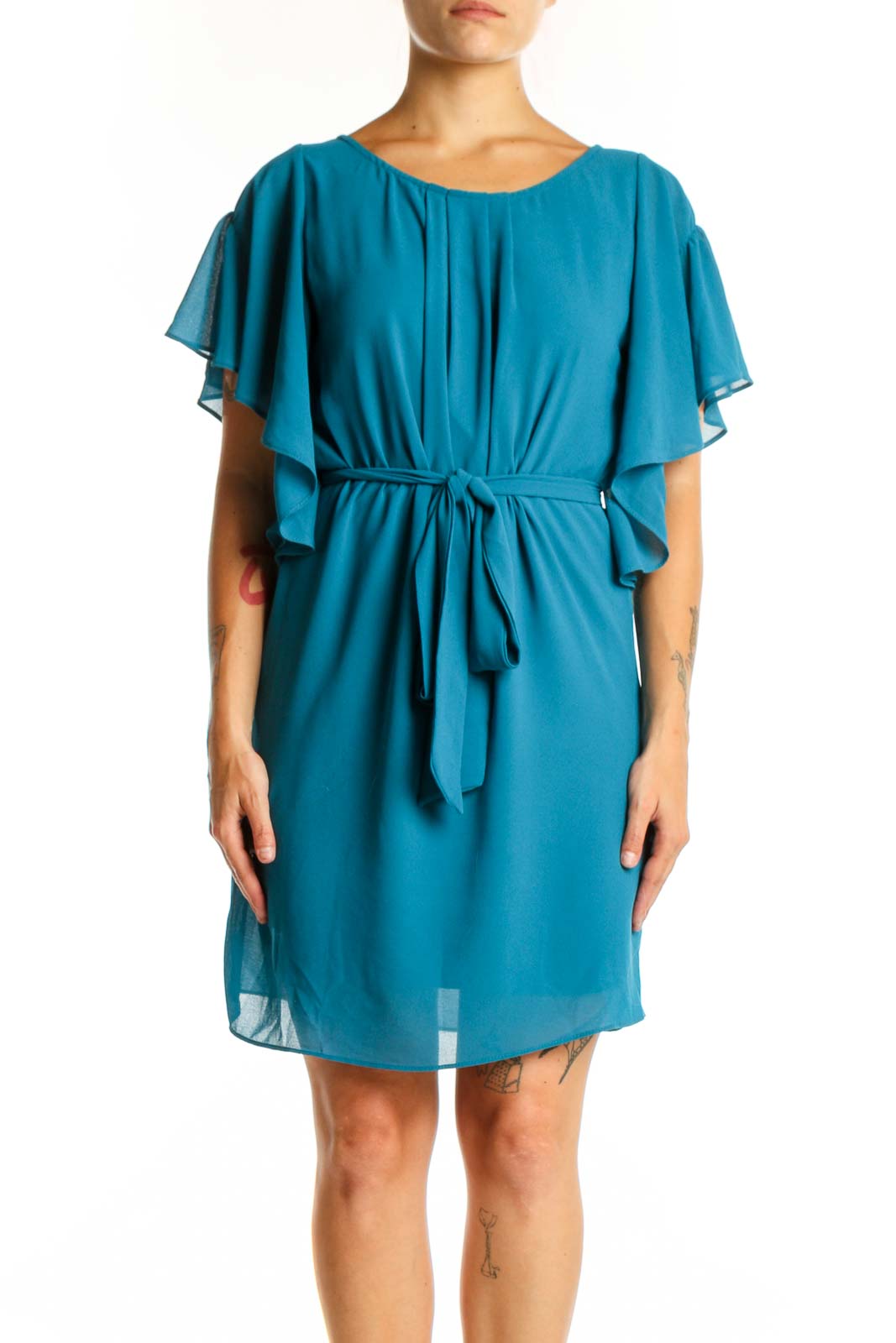 Teal flutter sleeve tie waist dress front view, Blue Rain brand, size S
