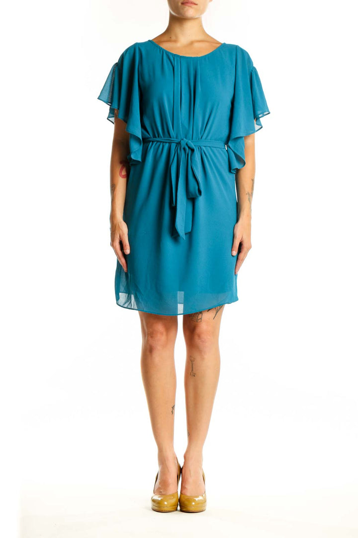 Teal flutter sleeve tie waist dress front view, Blue Rain brand, size S