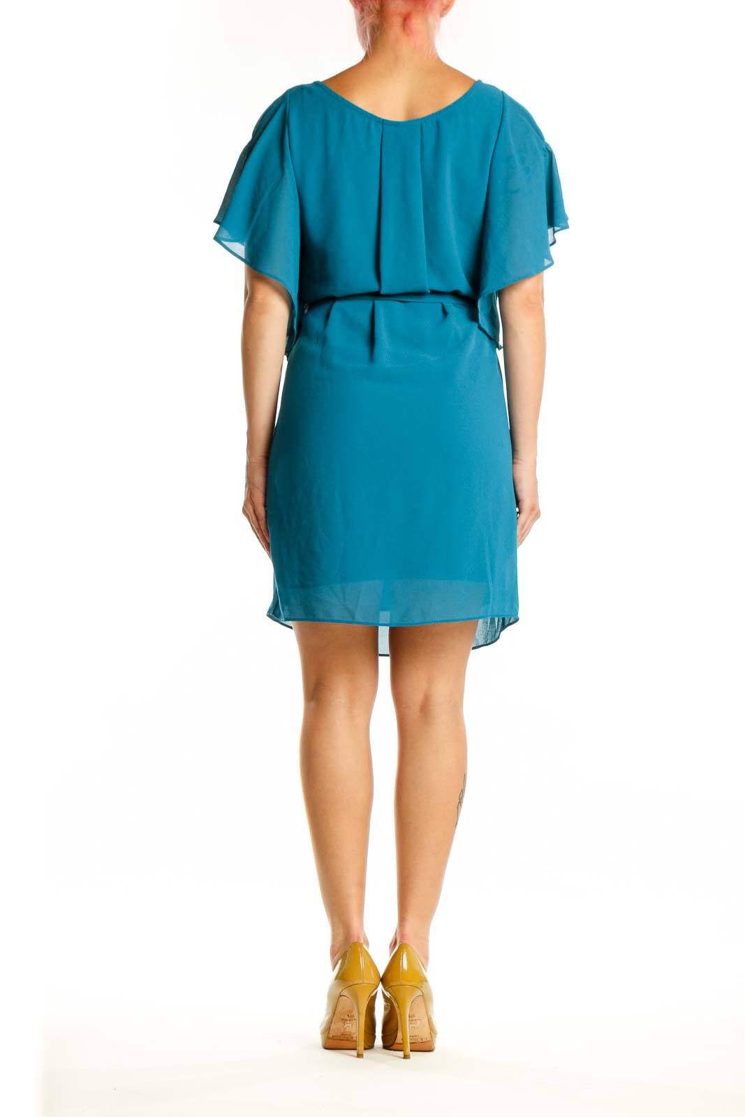 Teal flutter sleeve tie waist dress back view, showing elegant draping and design