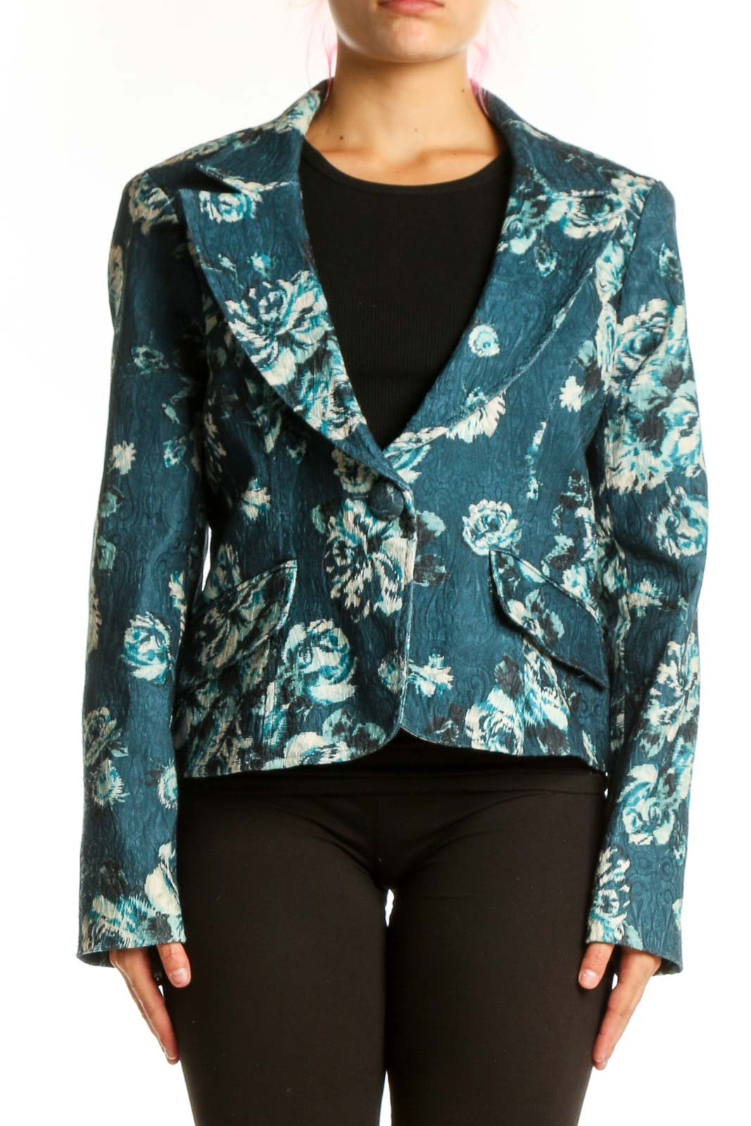 Nine & Co. teal floral blazer jacket with white botanical print, cropped tailored fit, front view