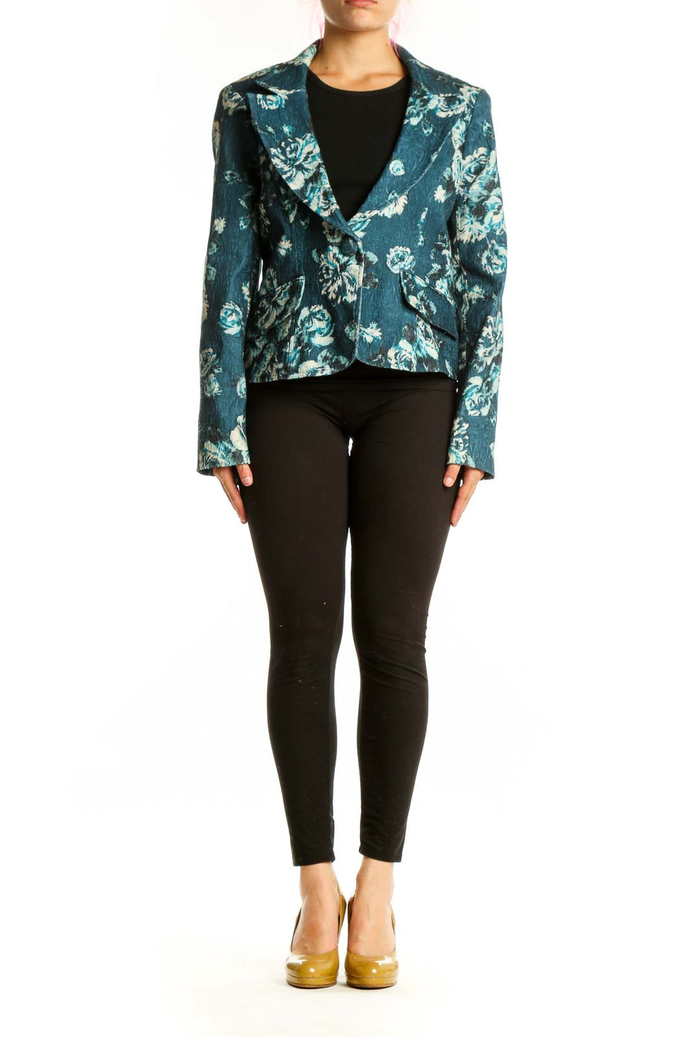 Nine & Co. teal floral blazer jacket with white botanical print, cropped tailored fit, front view