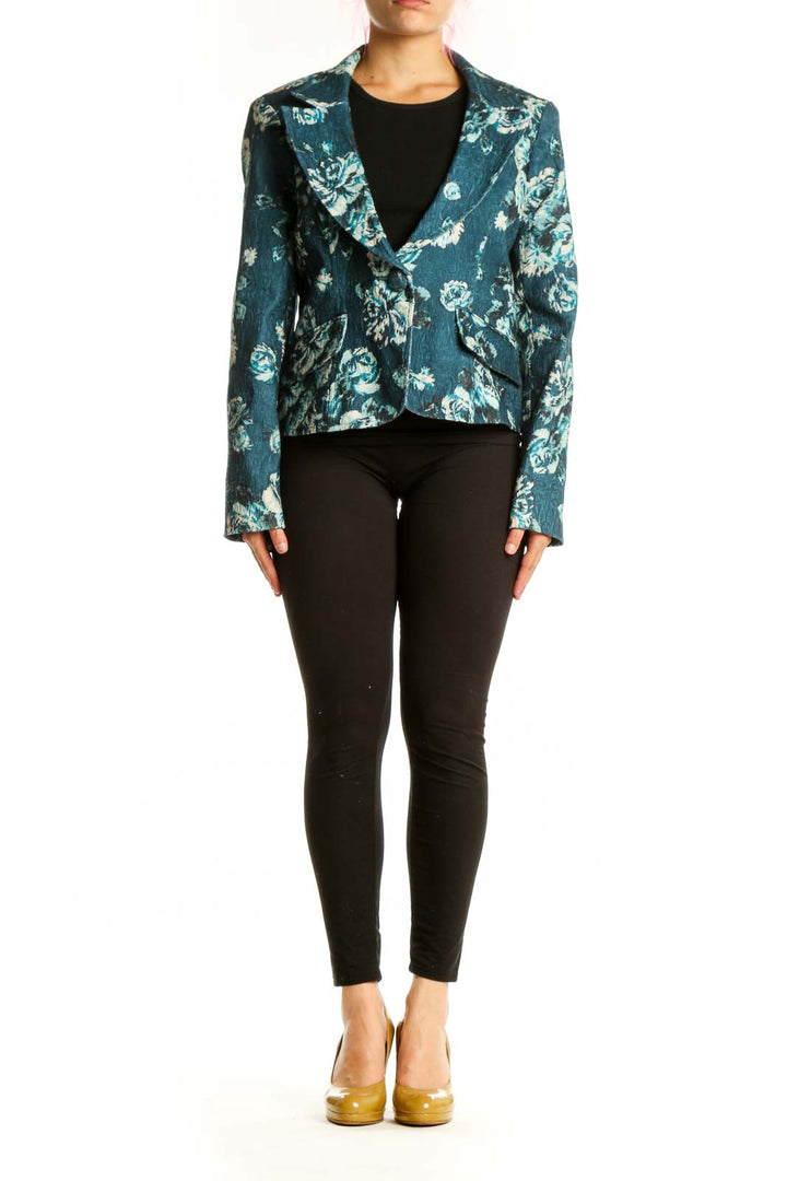Nine & Co. teal floral blazer jacket with white botanical print, cropped tailored fit, front view