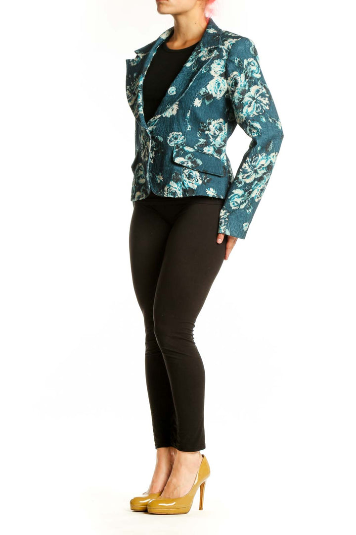 Nine & Co. teal floral blazer jacket with white botanical print, cropped tailored fit, front view