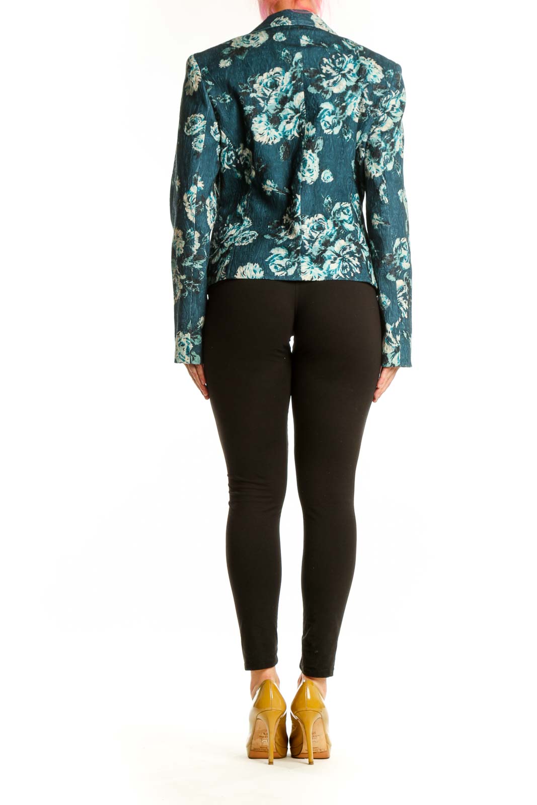 Nine & Co. teal floral blazer jacket back view, showing tailored silhouette and floral pattern