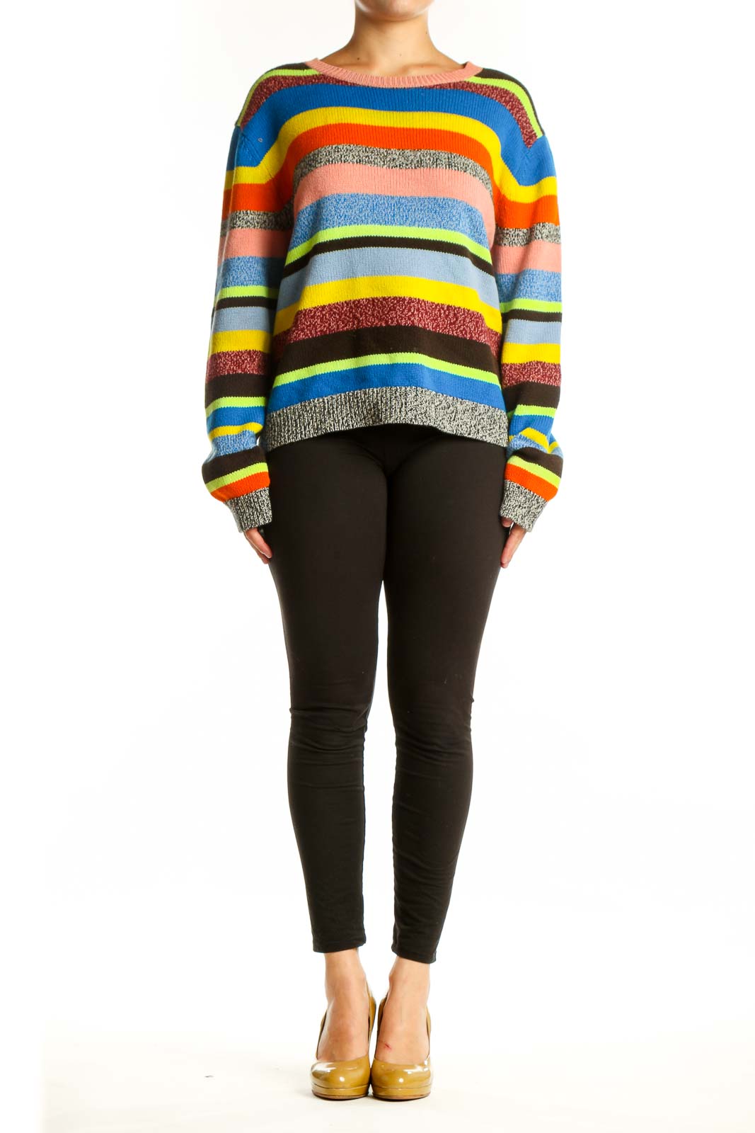 Front view of multicolor striped cashmere wool pullover by Chinti & Parker featuring vibrant horizontal stripes in blue, yellow, orange, pink, burgundy, and black