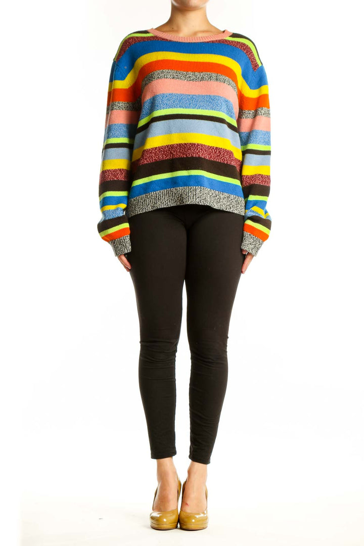 Front view of multicolor striped cashmere wool pullover by Chinti & Parker featuring vibrant horizontal stripes in blue, yellow, orange, pink, burgundy, and black