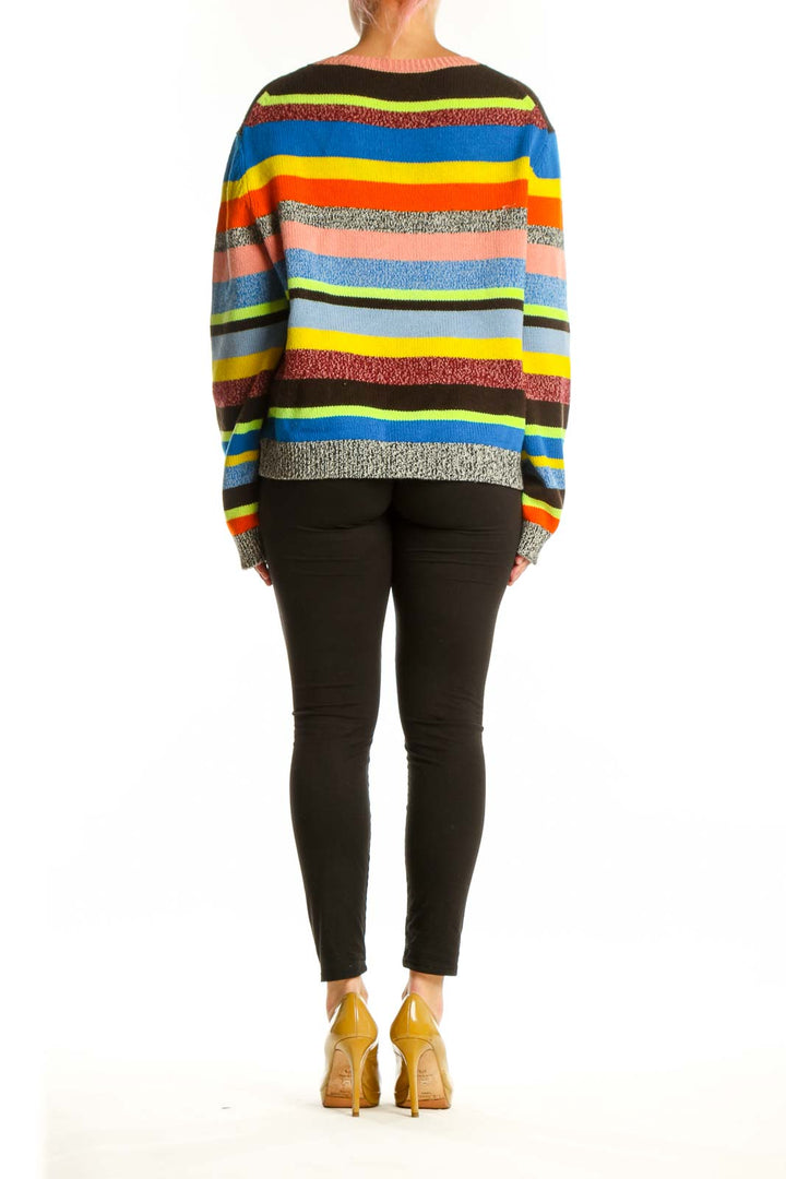Back view of multicolor striped cashmere wool pullover showing horizontal stripe pattern and relaxed cropped fit