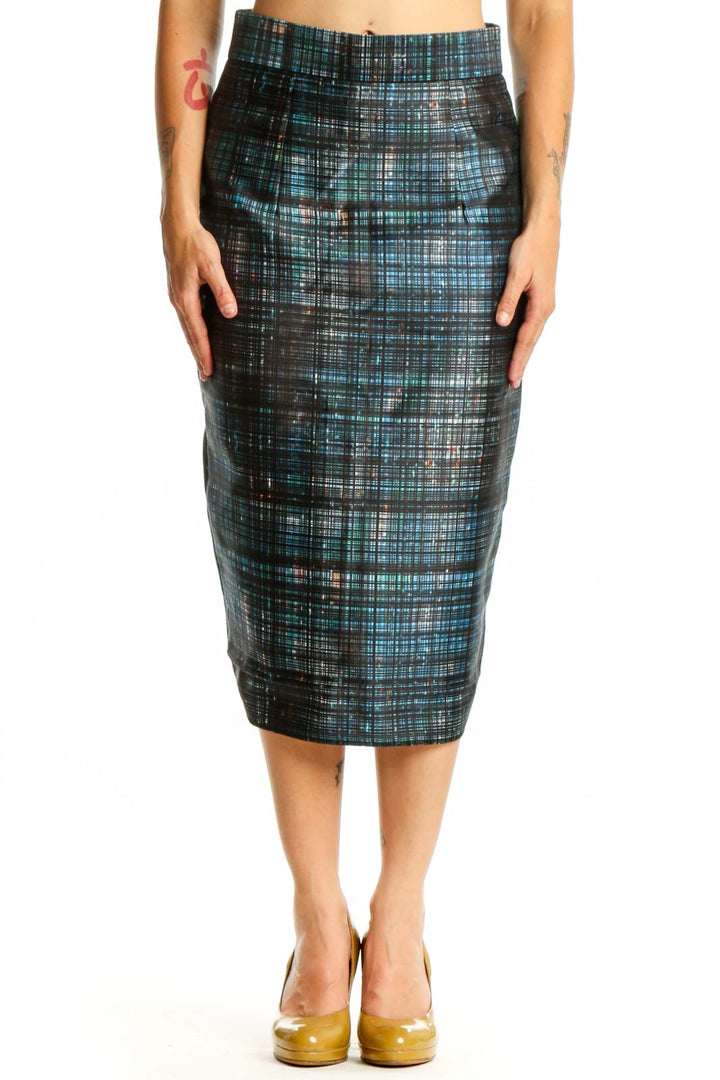 Black plaid pencil skirt with blue and teal pattern, high-waisted design, front view