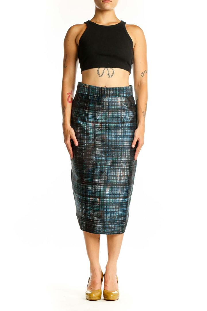 Black plaid pencil skirt with blue and teal pattern, high-waisted design, front view