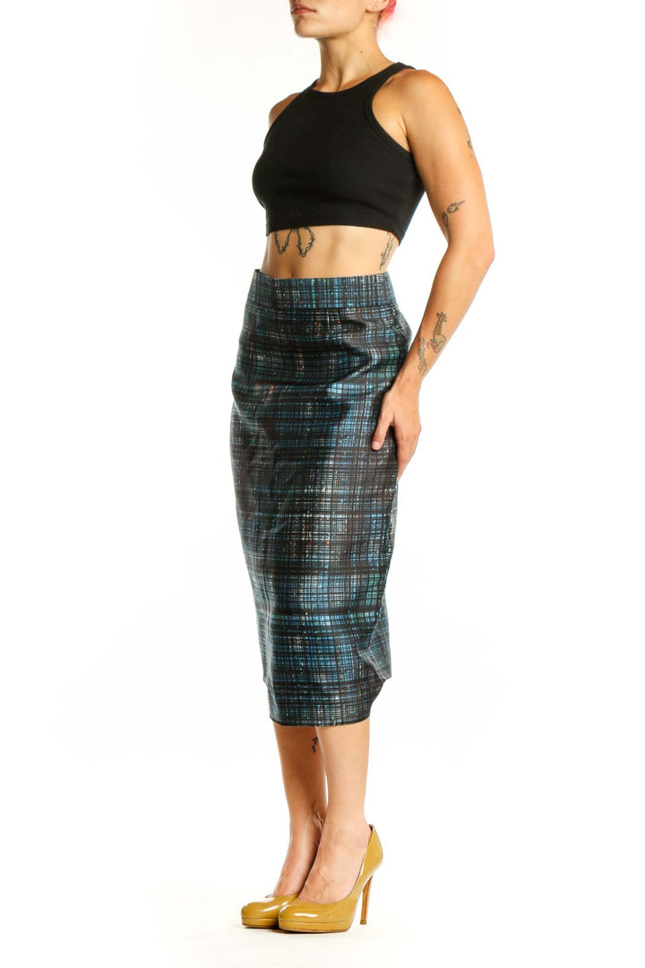 Black plaid pencil skirt with blue and teal pattern, high-waisted design, front view