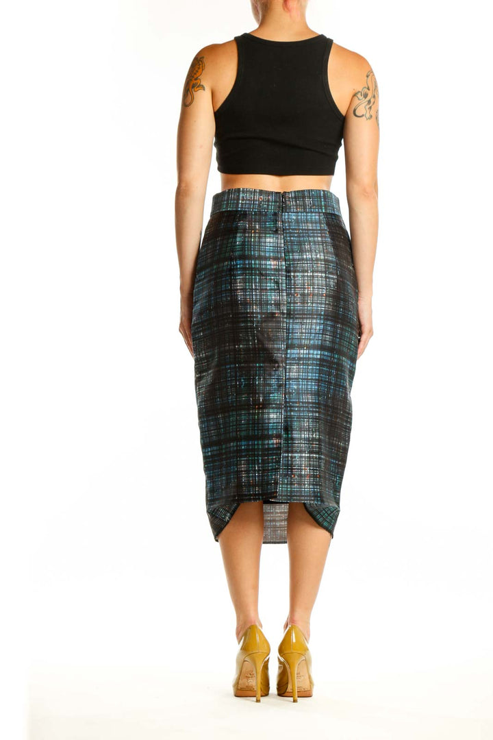 Black plaid pencil skirt back view, showing fitted silhouette and plaid pattern detail