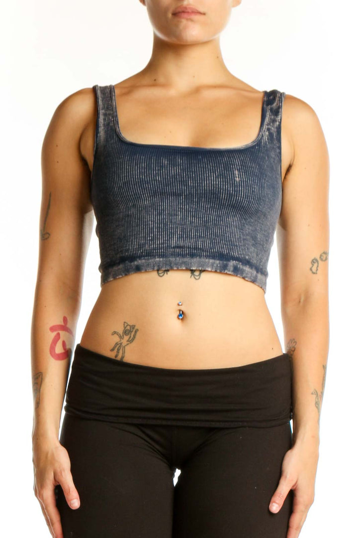 Navy ribbed crop tank top with square neckline and distressed hem, front view on model