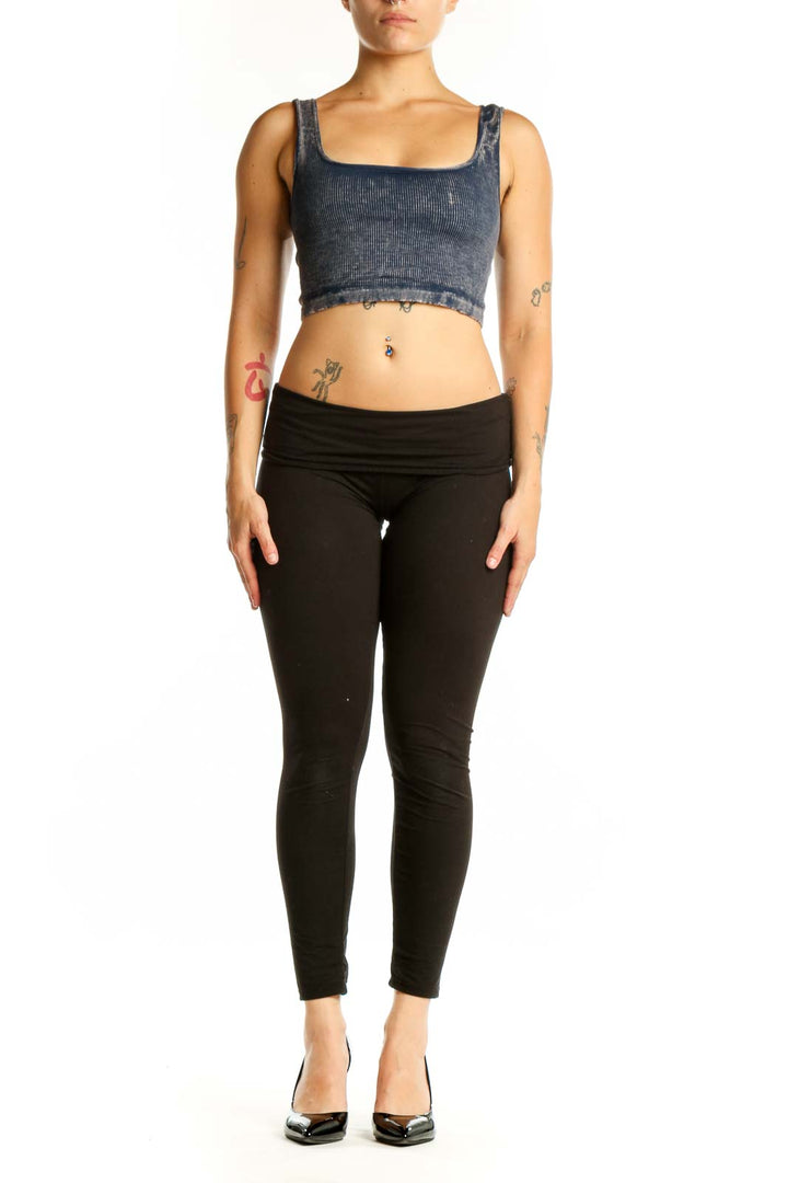 Navy ribbed crop tank top with square neckline and distressed hem, front view on model